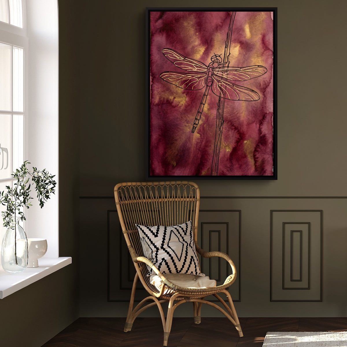 Dragonfly Crimson Gold — dragonfly crimson gold sq window chair wall 1port framed black