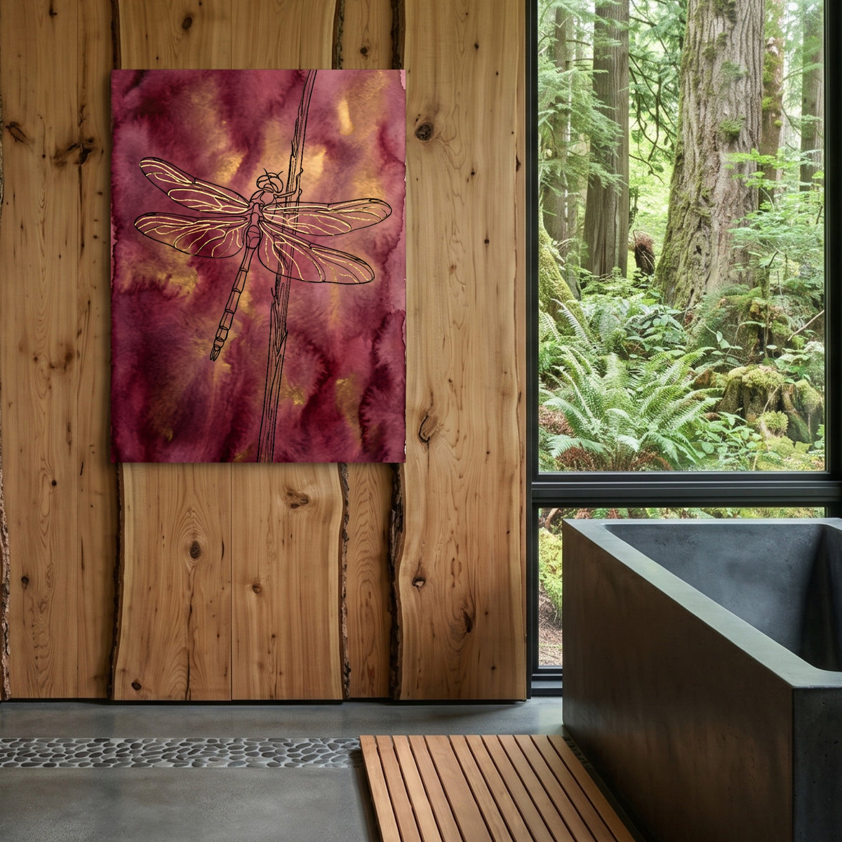 Dragonfly Crimson Gold — dragonfly crimson gold sq outdoor bathroom log 1port flush print