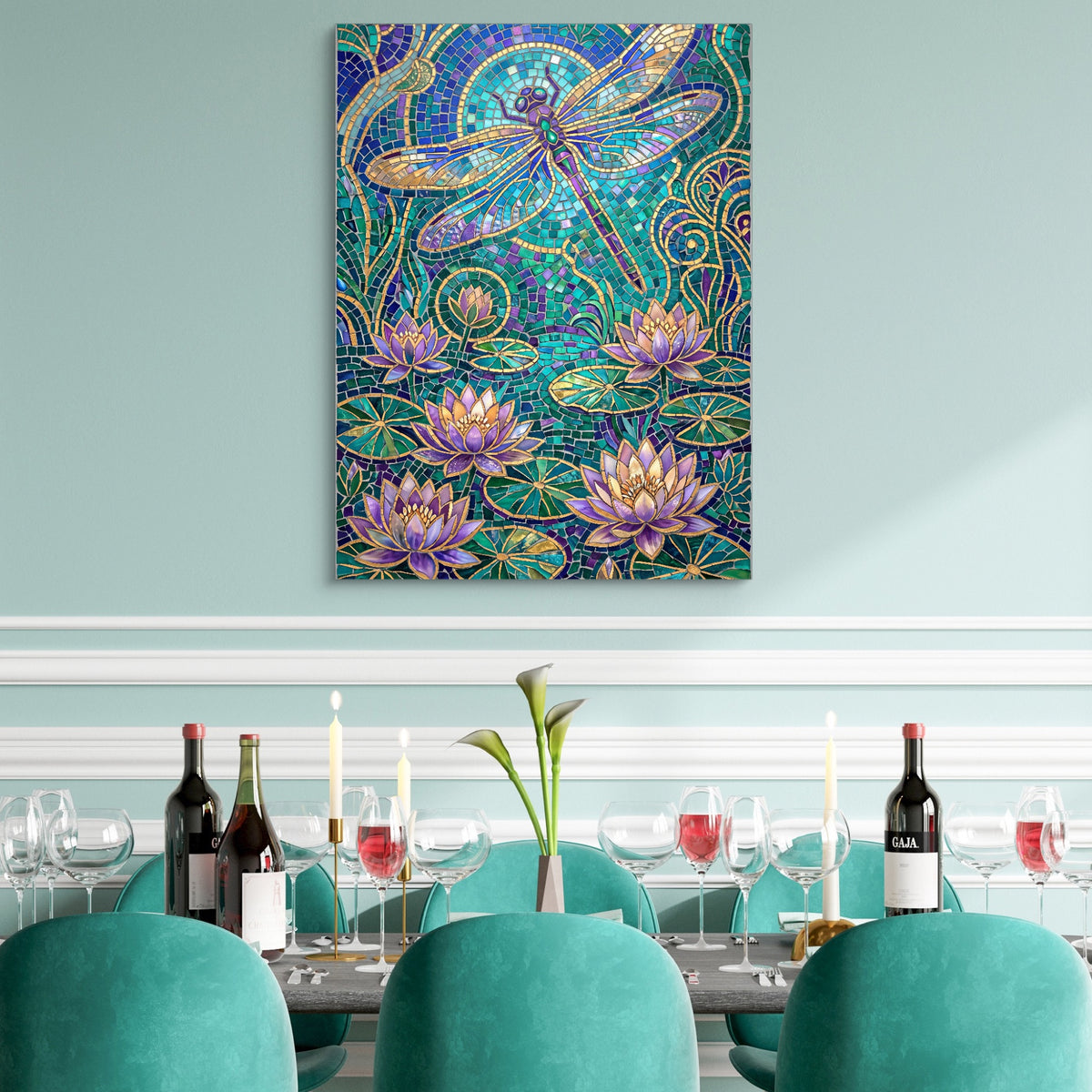 Dragonfly Golden Mosaic — dragonfly golden mosaic sq teal dining room 1port flush print