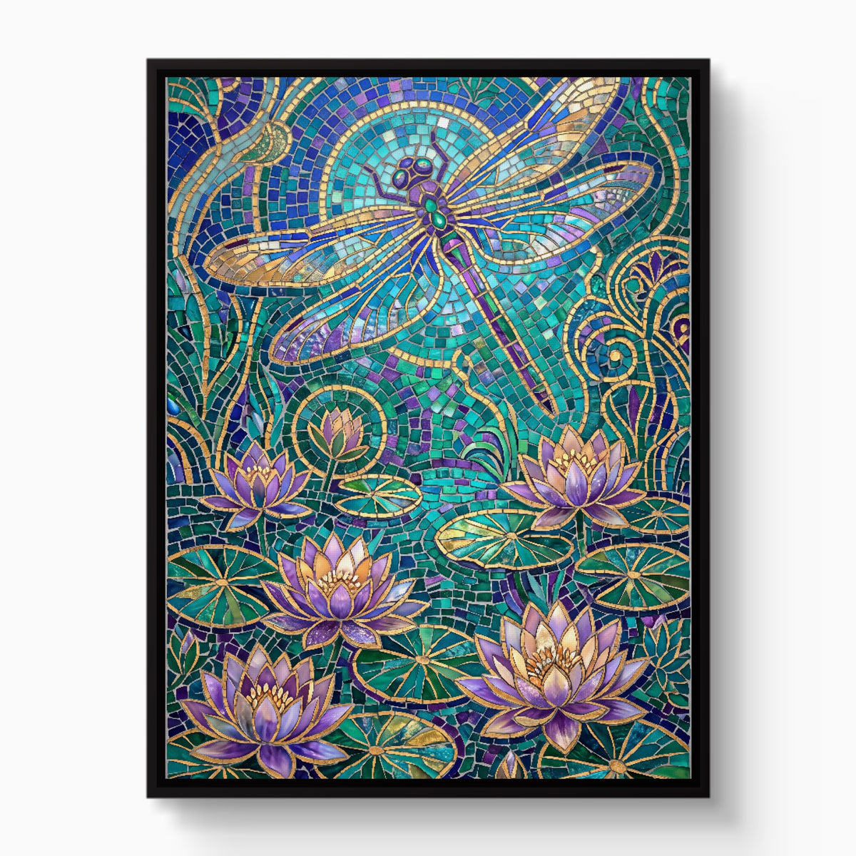 Dragonfly Golden Mosaic — dragonfly golden mosaic white studio framed black