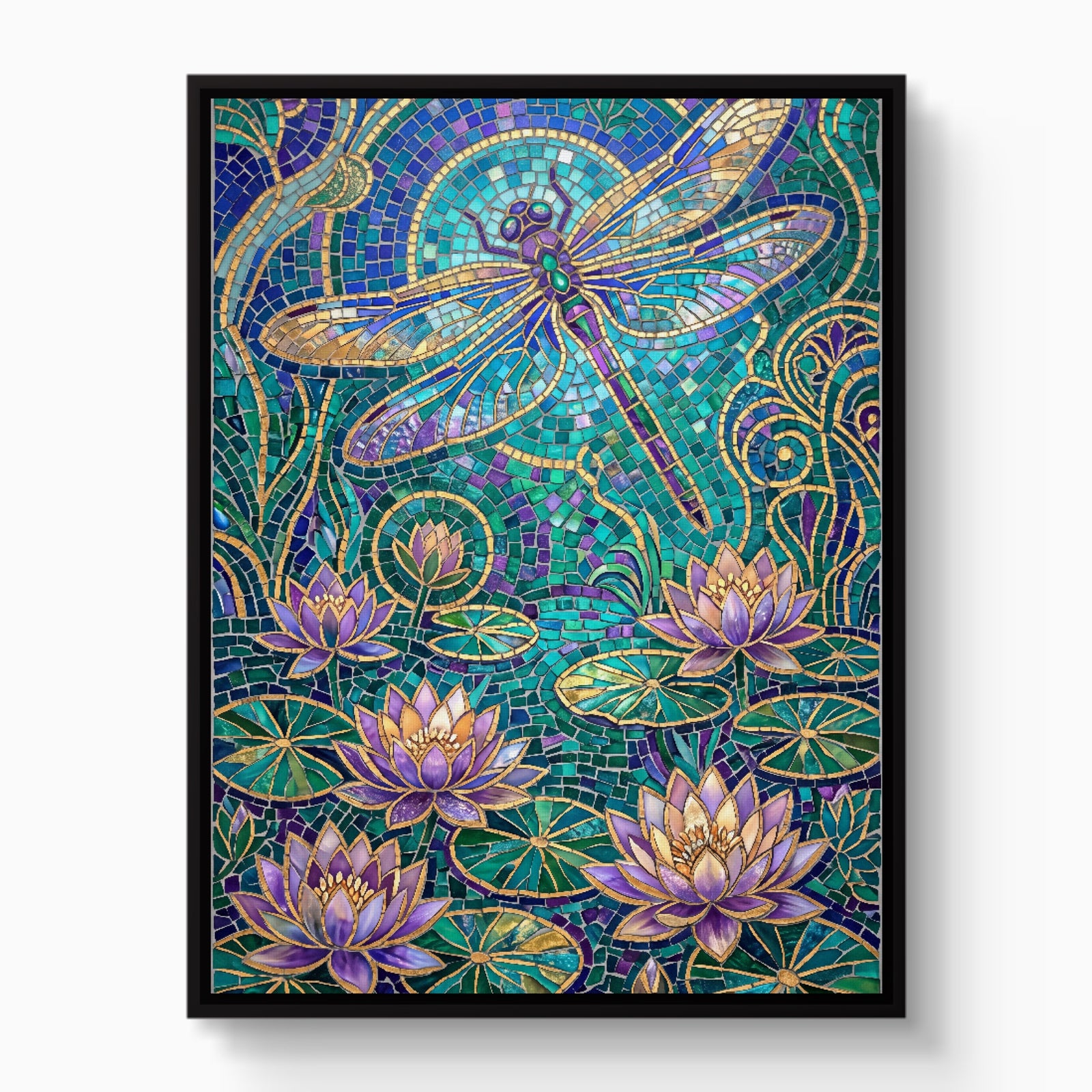 Dragonfly Golden Mosaic — dragonfly golden mosaic white studio framed black