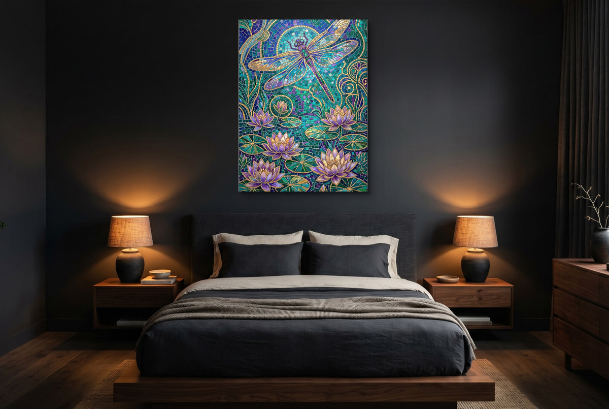 Dragonfly Golden Mosaic — dragonfly golden mosaic bedroom with dark walls 1port flush print