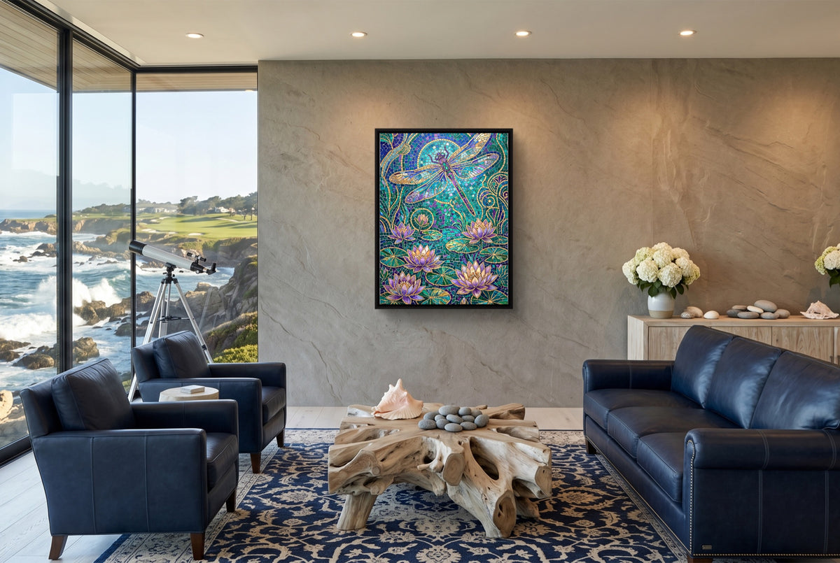 Dragonfly Golden Mosaic — dragonfly golden mosaic living room with ocean view 1port framed black