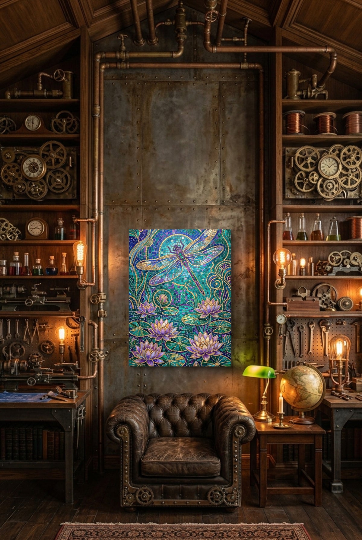 Dragonfly Golden Mosaic — dragonfly golden mosaic p steampunk themed room interior 1port flush print