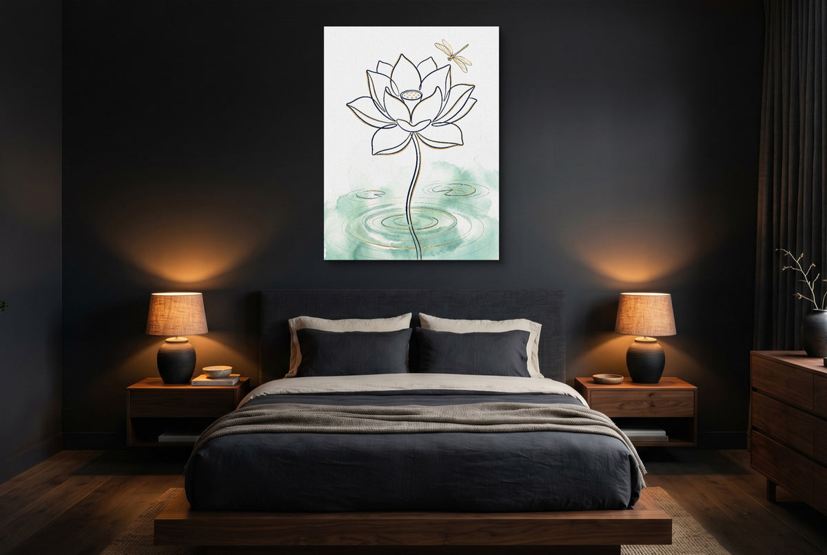 Dragonfly Lotus Water — dragonfly lotus water bedroom with dark walls 1port flush print