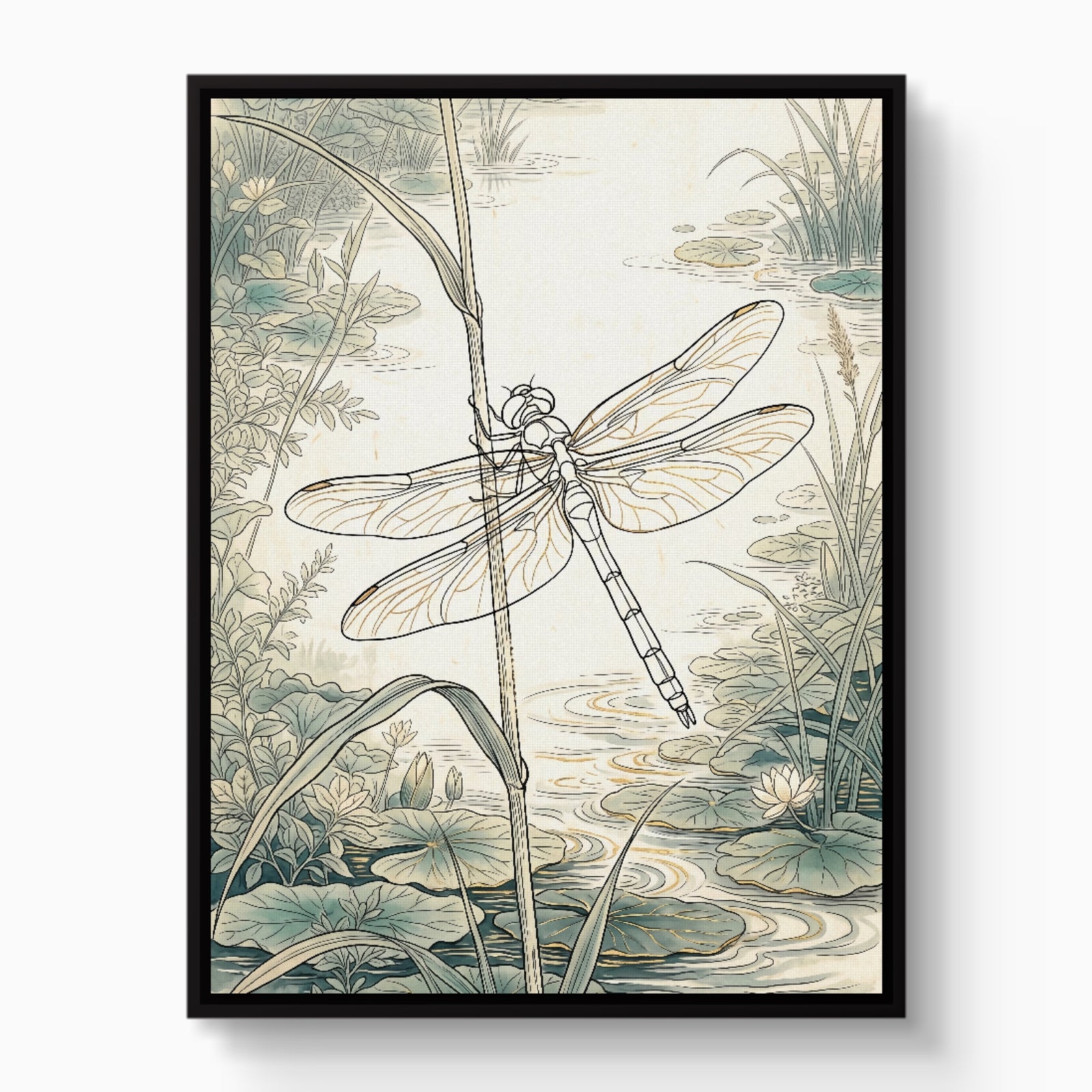 Dragonfly Pond Serene — dragonfly pond serene white studio framed black
