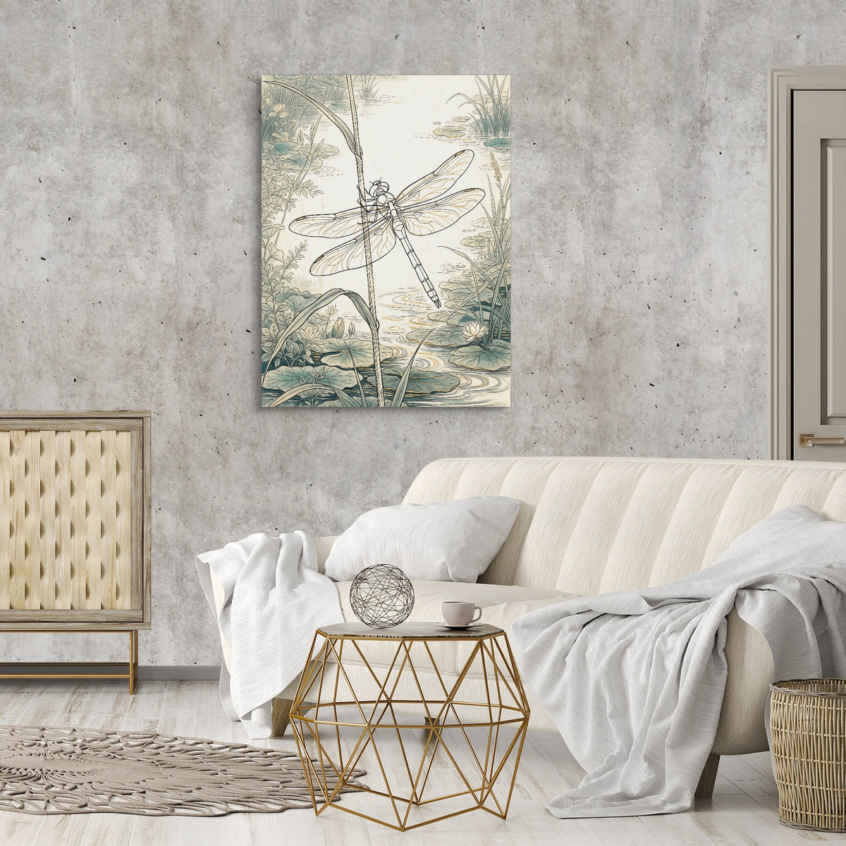 Dragonfly Pond Serene — dragonfly pond serene sq cement wall luxury room 1port flush print