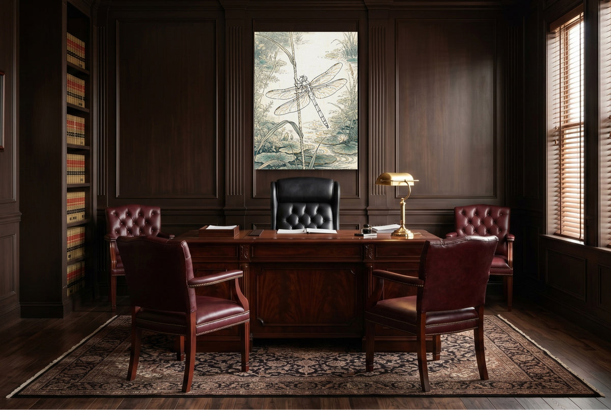 Dragonfly Pond Serene — dragonfly pond serene wooden office with desk 1port flush print