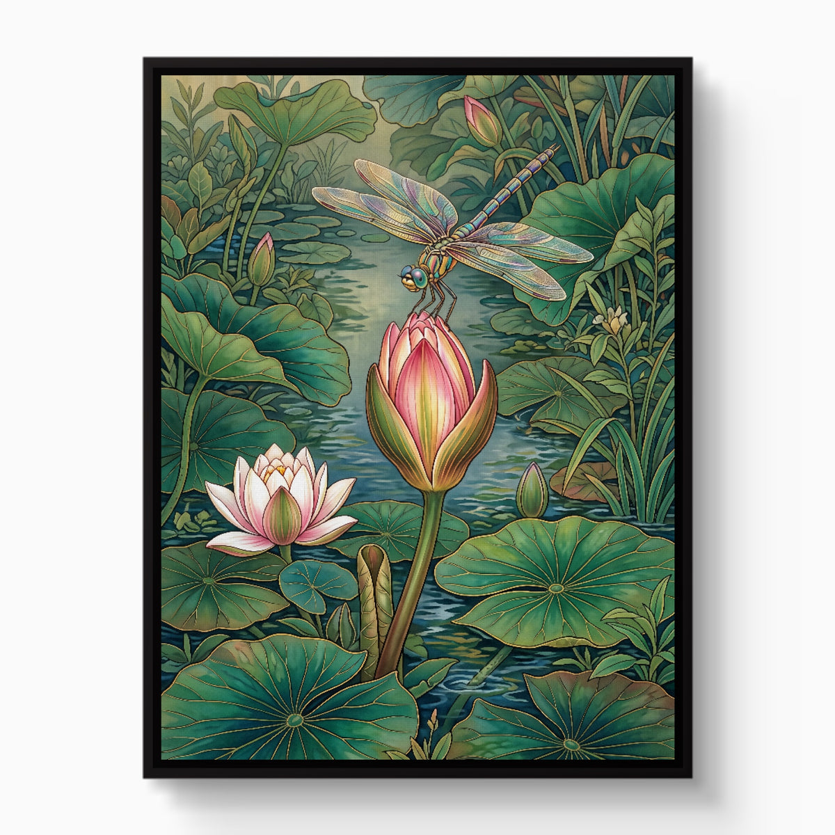 Dragonfly Water Lily — dragonfly water lily white studio framed black