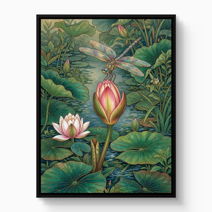 Dragonfly Water Lily — dragonfly water lily white studio framed black