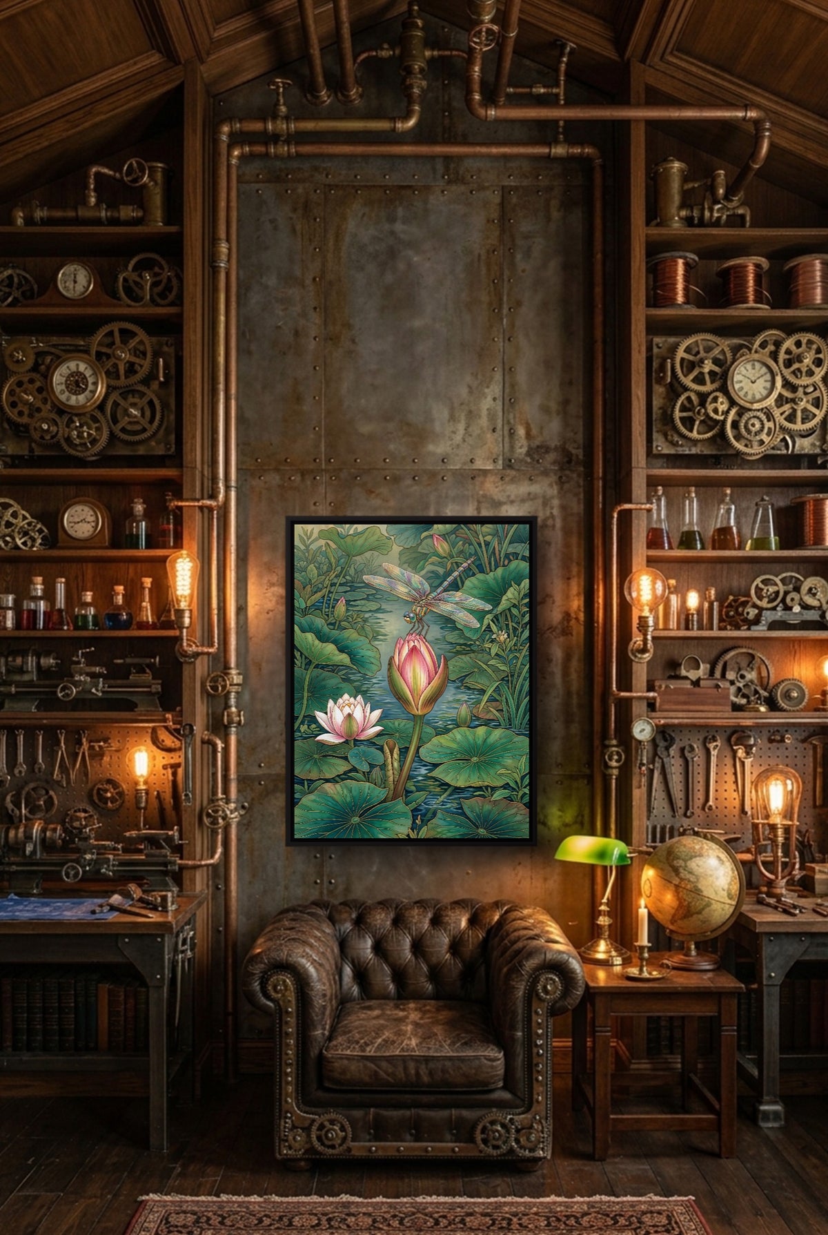 Dragonfly Water Lily — dragonfly water lily p steampunk themed room interior 1port framed black