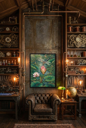 Dragonfly Water Lily — dragonfly water lily p steampunk themed room interior 1port framed black
