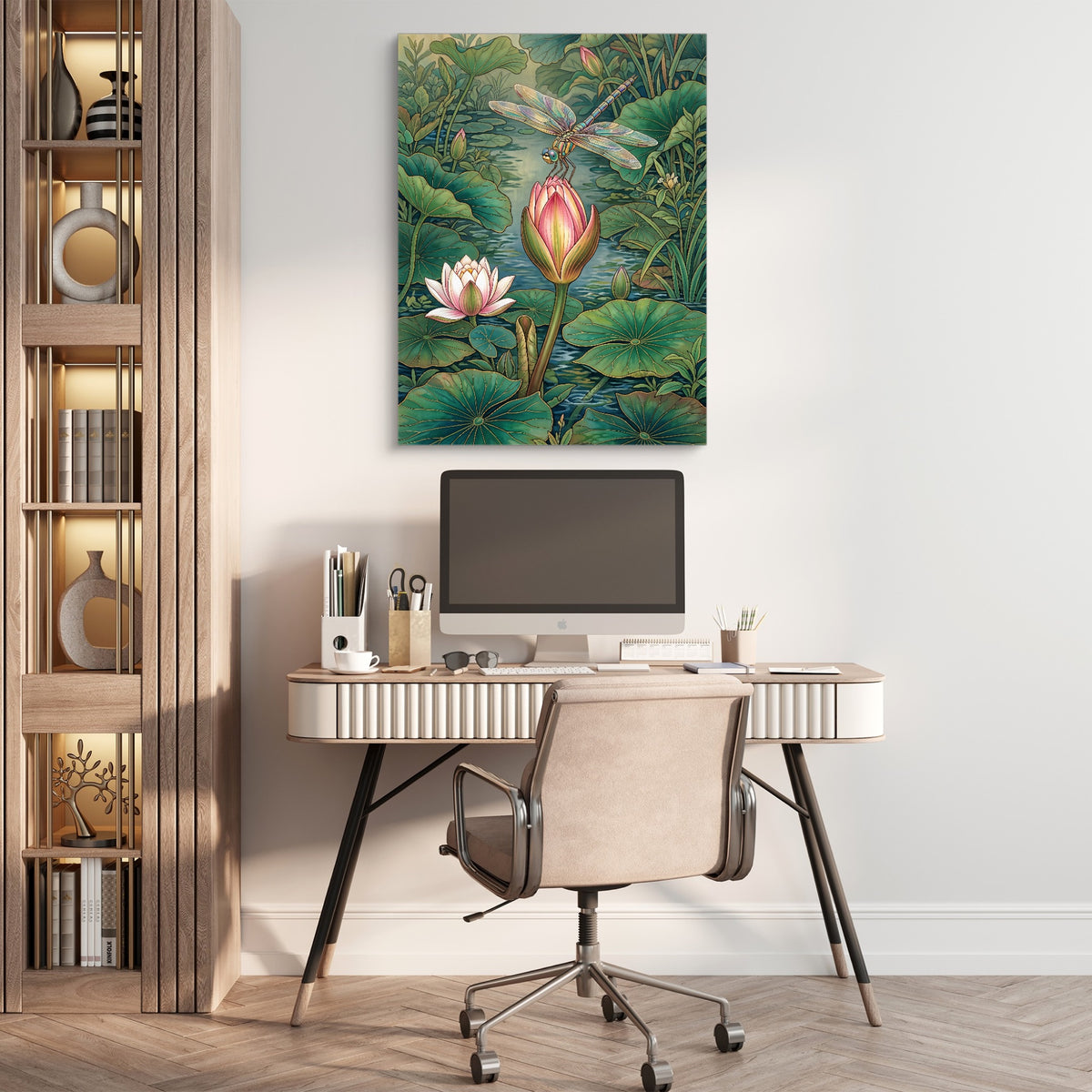 Dragonfly Water Lily — dragonfly water lily sq beige office 1port flush print