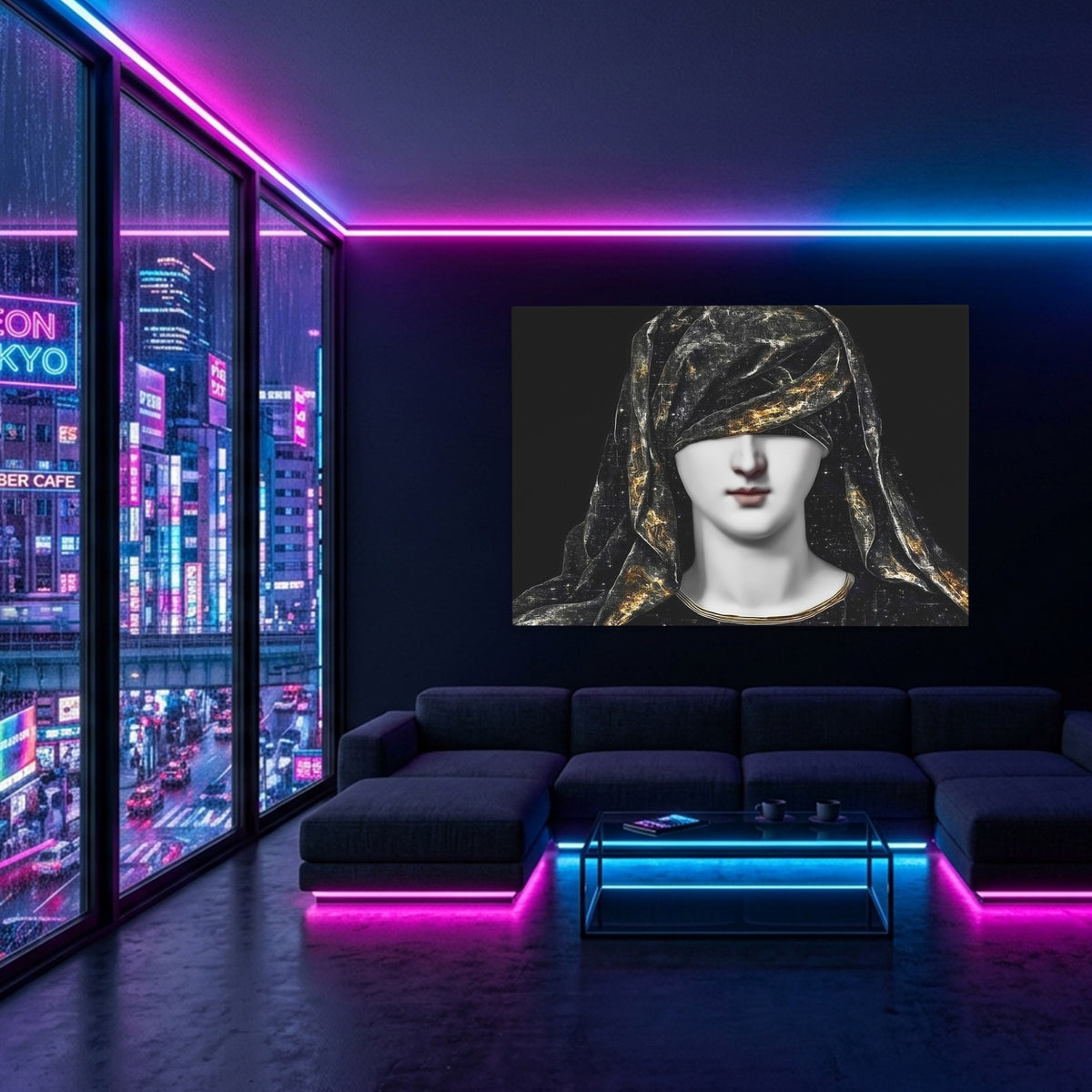 Draped Woman Mystique — Draped Woman Mystique Blue Pink Neon Room Land 54