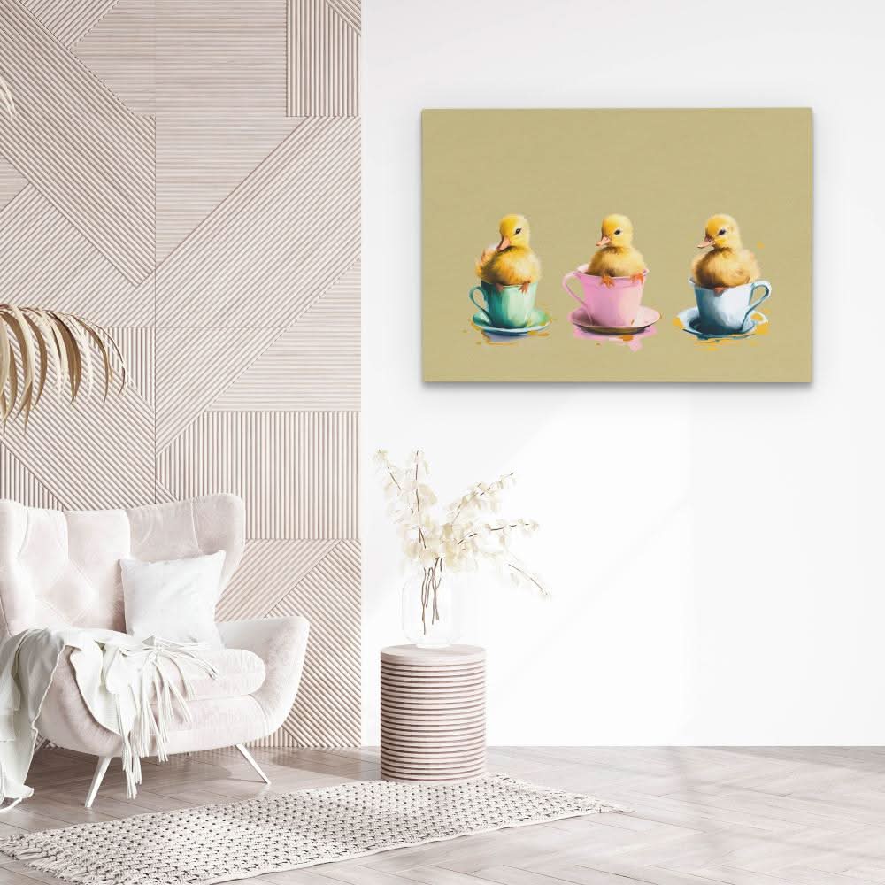 Ducklings Cups - Cute Wall Art in Black Frame