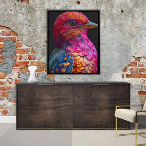 a painting of a colorful bird on a brick wall