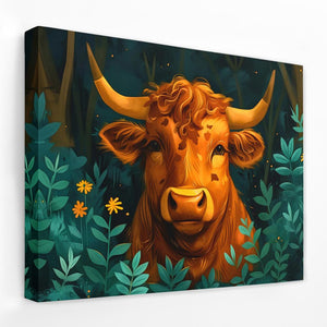 a painting of a cow in a field of flowers