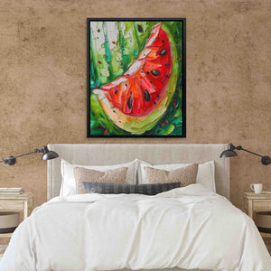 a painting of a watermelon on a wall above a bed