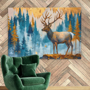 a painting of a deer standing in a forest