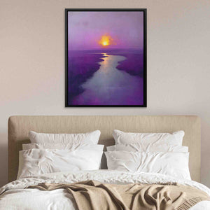 a painting of a sunset over a bed