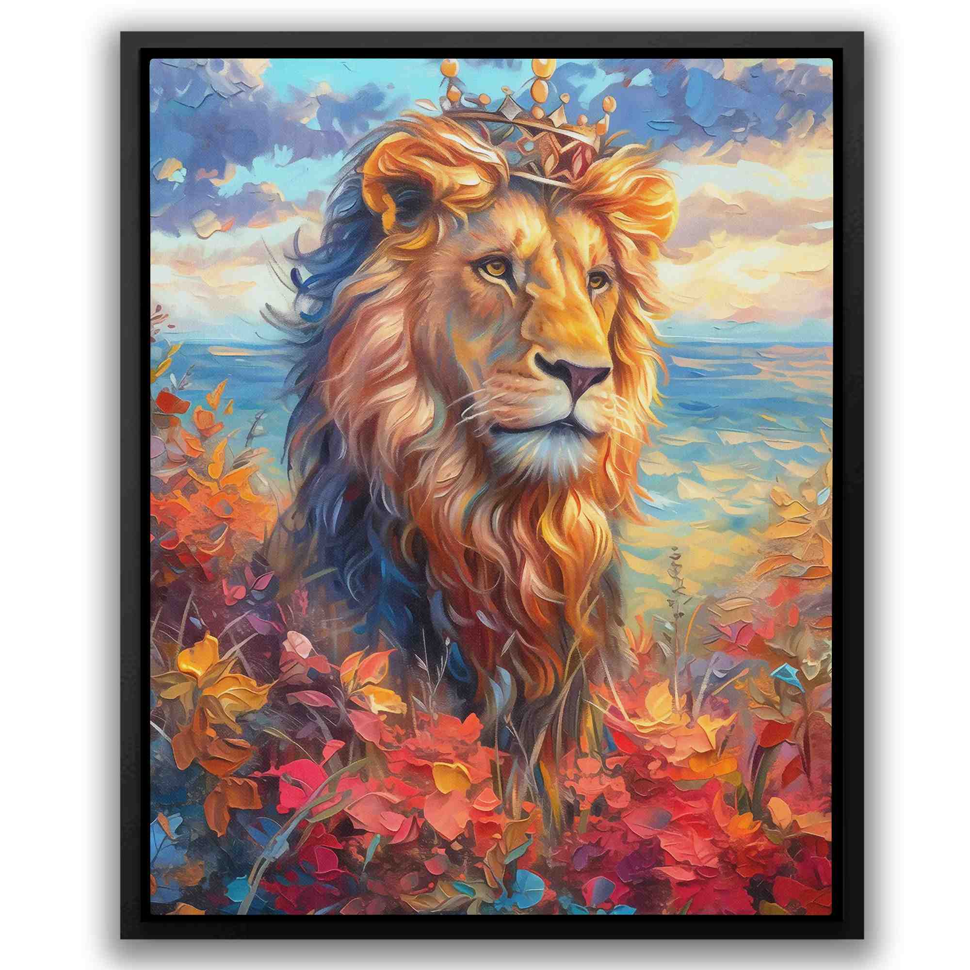 a painting of a lion with a crown on its head