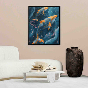 a painting of two koi fish swimming in a pond