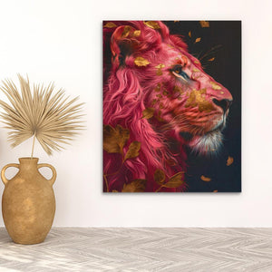 a painting of a lion with pink hair