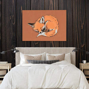 a picture of a fox on a wall above a bed