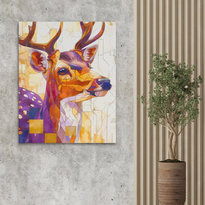 a painting of a deer on a wall next to a potted plant