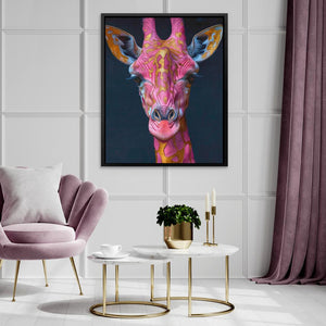 a pink giraffe is featured in a living room setting