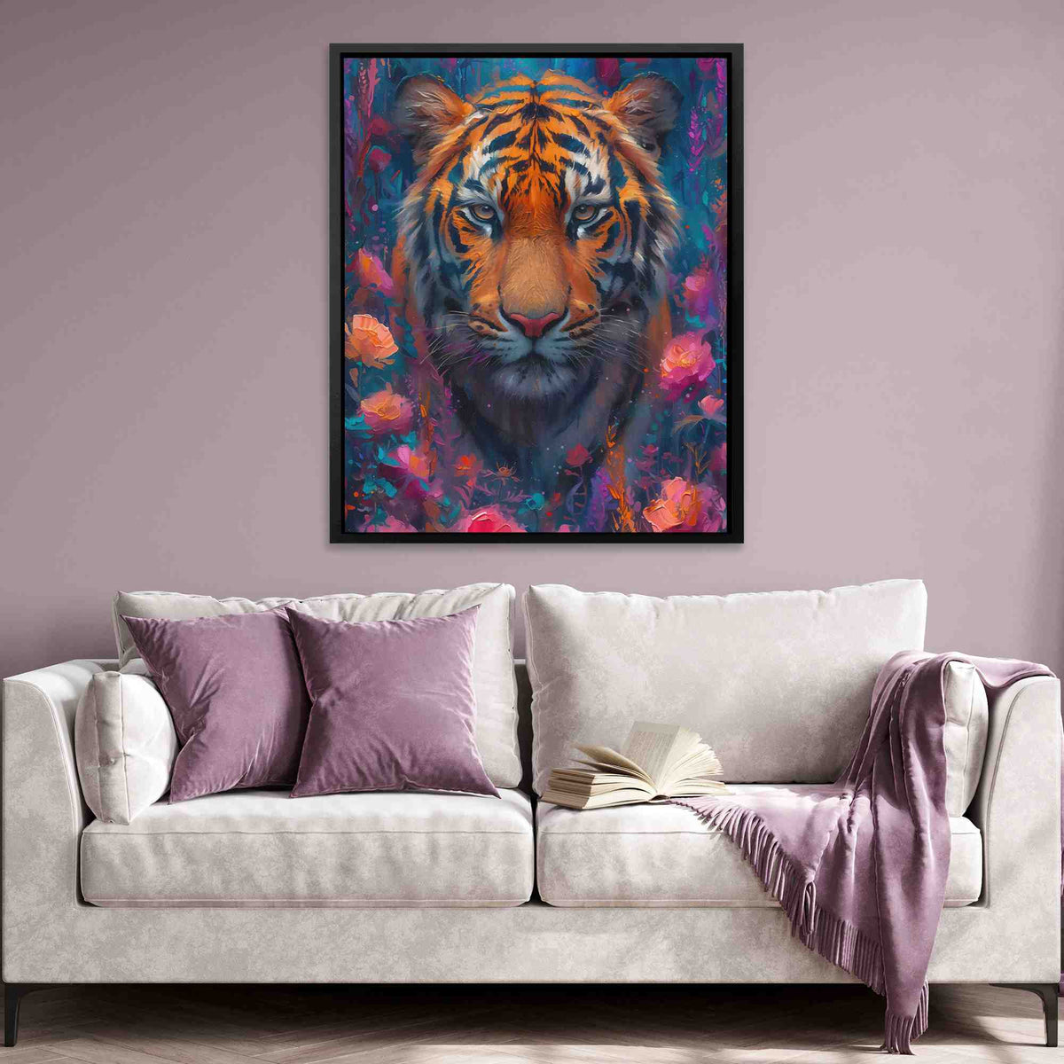 a living room with a couch and a painting of a tiger