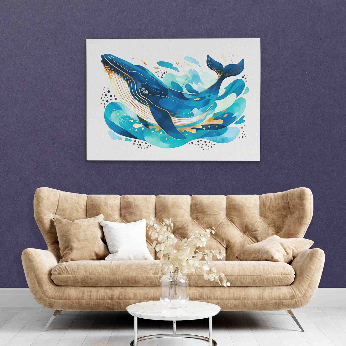 a living room with a couch and a painting on the wall