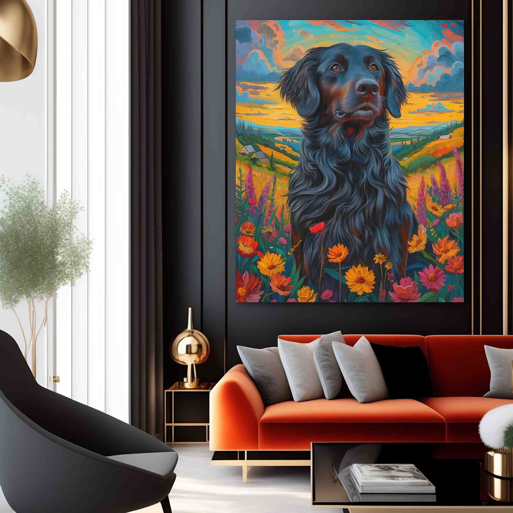 a painting of a black dog in a field of flowers