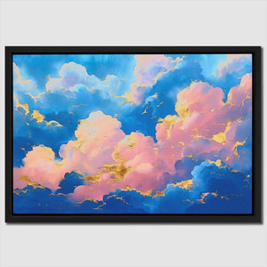 a painting of pink and blue clouds in the sky