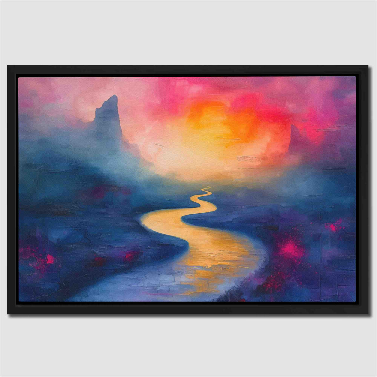 a painting of a river with a sunset in the background