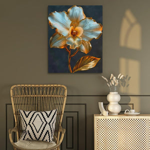 a painting of a flower on a wall next to a chair