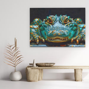 a painting of a green frog on a white wall