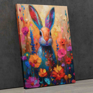 a painting of a rabbit in a field of flowers