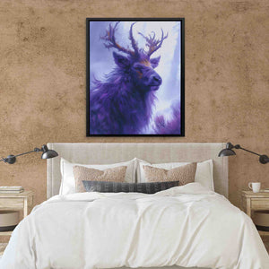 a painting of a deer is hanging above a bed