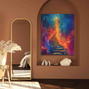 a painting hanging on a wall next to a mirror