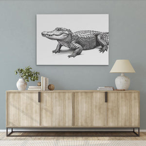 a black and white drawing of a crocodile on a wall