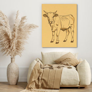 a picture of a cow on a wall above a couch