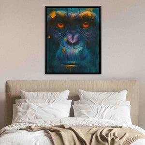 a painting of a gorilla on a wall above a bed