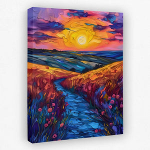 a painting of a sunset over a river