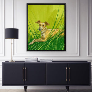 a painting of a dog laying in the grass