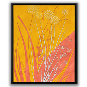 a painting of flowers on a yellow background