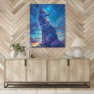 a painting of a wolf sitting on top of a wooden cabinet