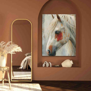 a painting of a white horse in a room