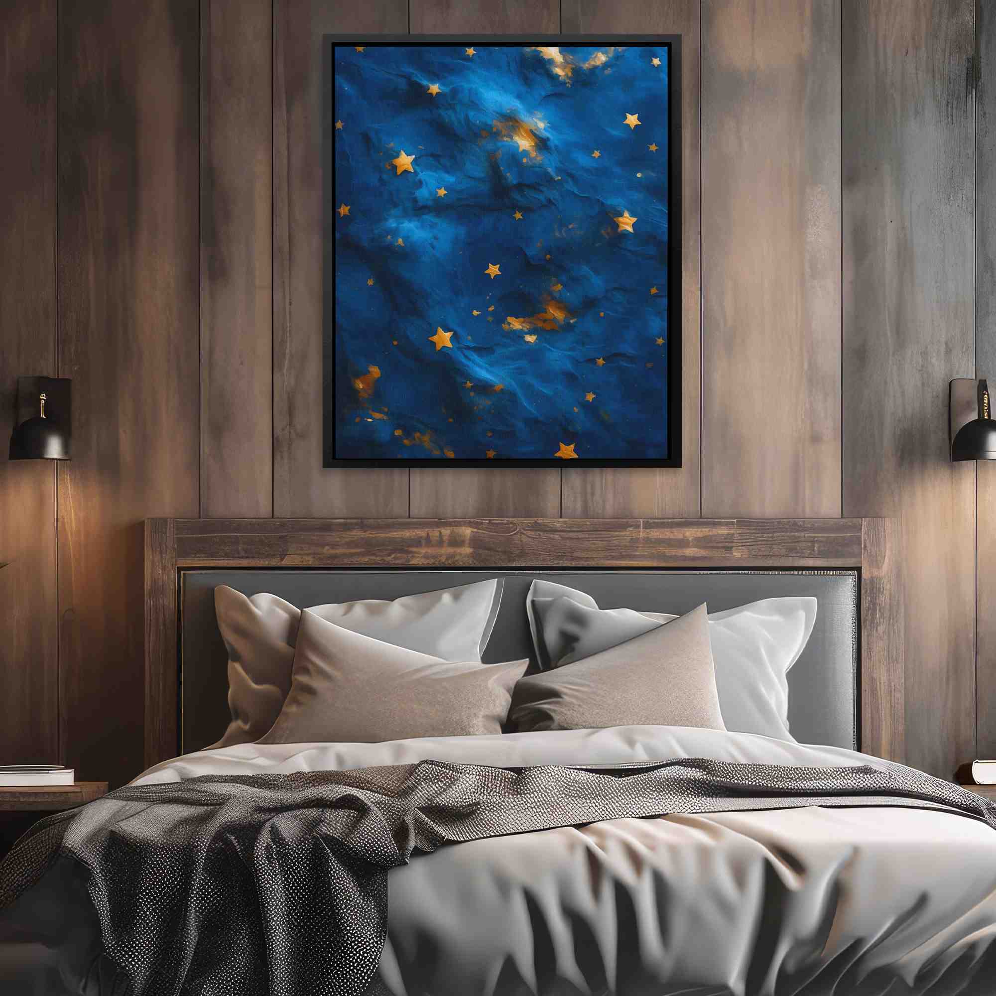 a painting of gold stars on a blue background