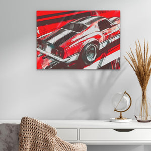 a painting of a red car on a white wall